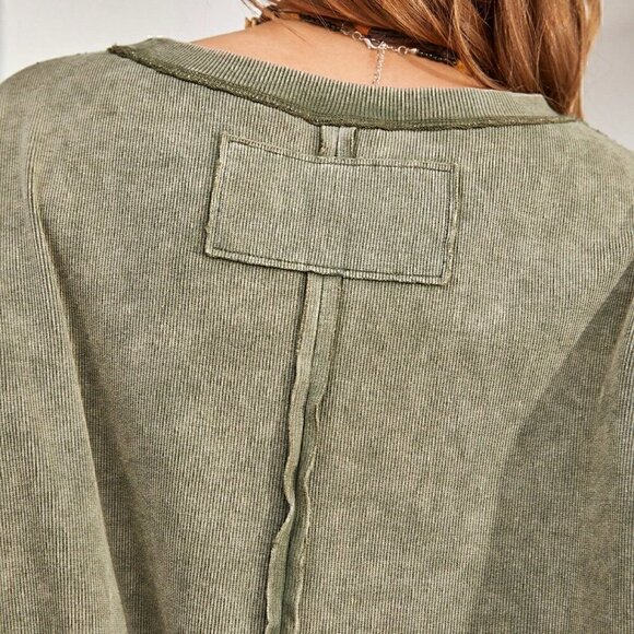 Green Boho Womens Stitching Detail Drop Shoulder T-Shirt - Picture 4 of 5